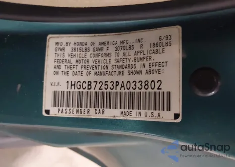 1993 Honda Accord Lx из США, поврежденный, VIN 1HGCB7253PA033802